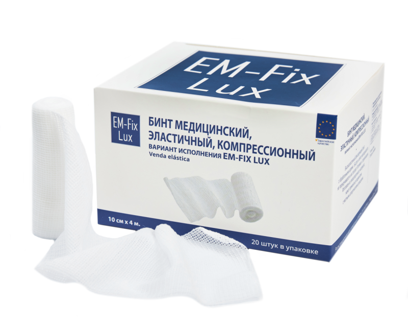 Бинт медицинский эластичный компрессионный вариант исполнения  EM-Fix Lux,Размер 10 см х 4м,  цвет белый, уп. 20 шт